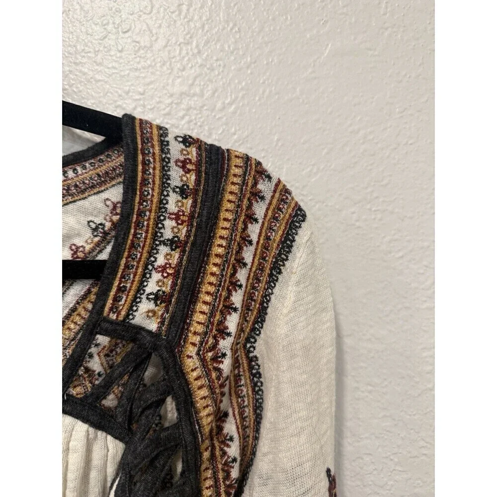 Free People Embroidered Bell Sleeve Slit Back Snow Kisses Size Medium Beige